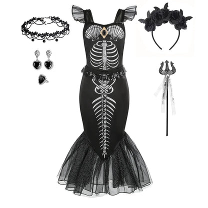 2-10Yrs Girls Halloween Party Skeleton Print Mermaid Princess Dress Gothic Style Black Trumpet Skirt Siren Ariel Cosplay Costume