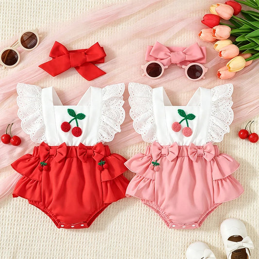 0-18M Baby Girl Bodysuit Set Summer 2PCS Cherry Outfit Lace Ruffle Sling Romper+Red Bow Headband Newborn Infant Clothing Outfits