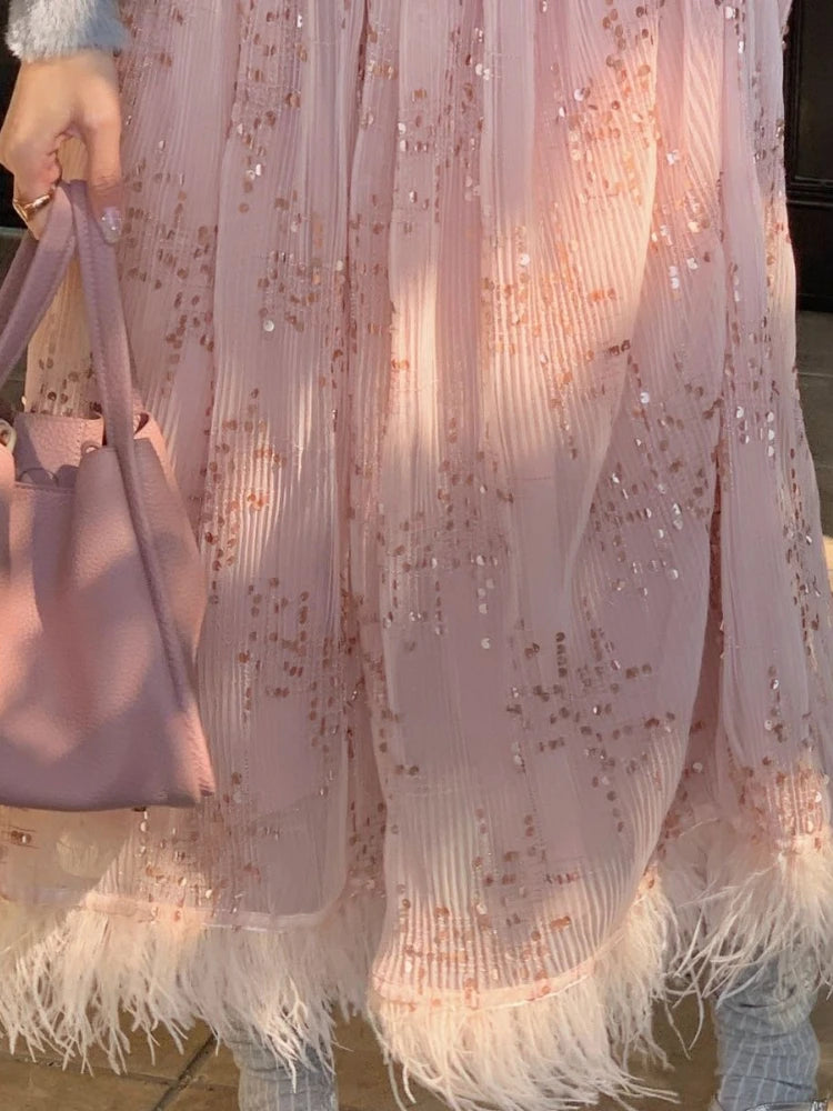 American Vintage Pink Sequin Maxi Skirt Women High Waist Slim Fit Long Skirt Feather Hem Elegant Sweet Shiny Party Date Outfit