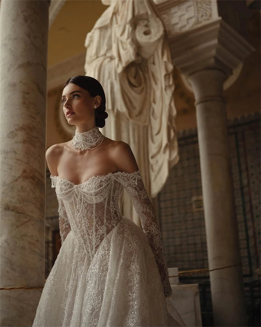 Tokyo Customized White Off the Shoulder Wedding Dress Long Sleeves A-Line Lace Wedding Gown Elegant Floor-Length Bridal Veil