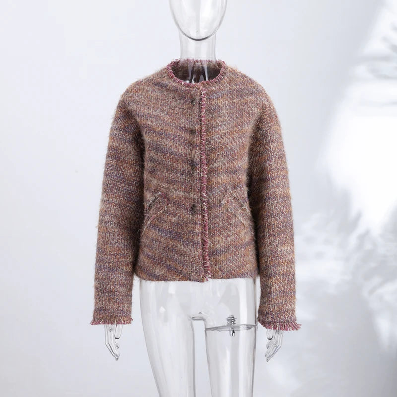 Elegant Tweed Short Coats Women's Loose Fringe Trim Full Sleeves Round Neck Jackets 2026 New Ladies Autumn Office Outwear