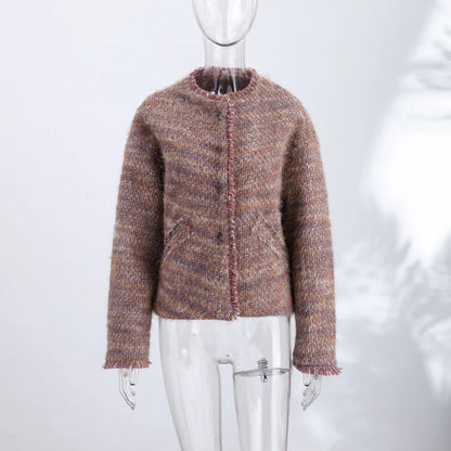 Elegant Tweed Short Coats Women's Loose Fringe Trim Full Sleeves Round Neck Jackets 2026 New Ladies Autumn Office Outwear
