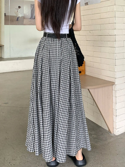 Midi Long Skirts Womens Maxi Skirt 2025 Spring Summer Black White Plaid Skirt Goth Vintage High Waist Ruffle Pleated Skirts rok