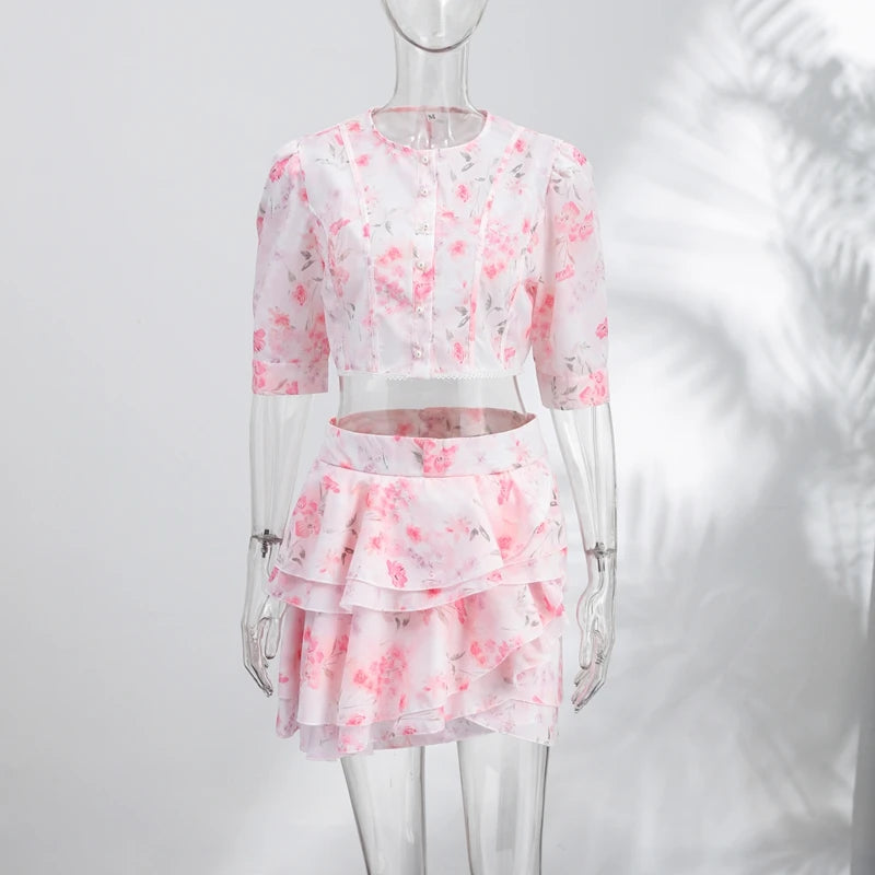 Elegant Printed Cropped Shirts Chiffon Skirt Sets Women Pleated Puff Sleeve Tops Ruffles Mini Skirts 2026 Summer Holiday Suit