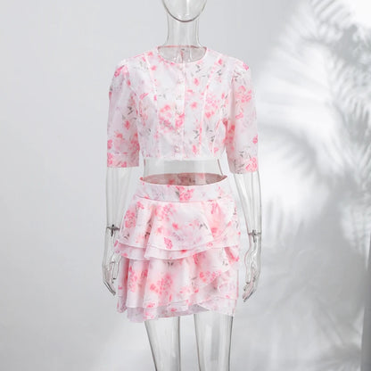 Elegant Printed Cropped Shirts Chiffon Skirt Sets Women Pleated Puff Sleeve Tops Ruffles Mini Skirts 2026 Summer Holiday Suit