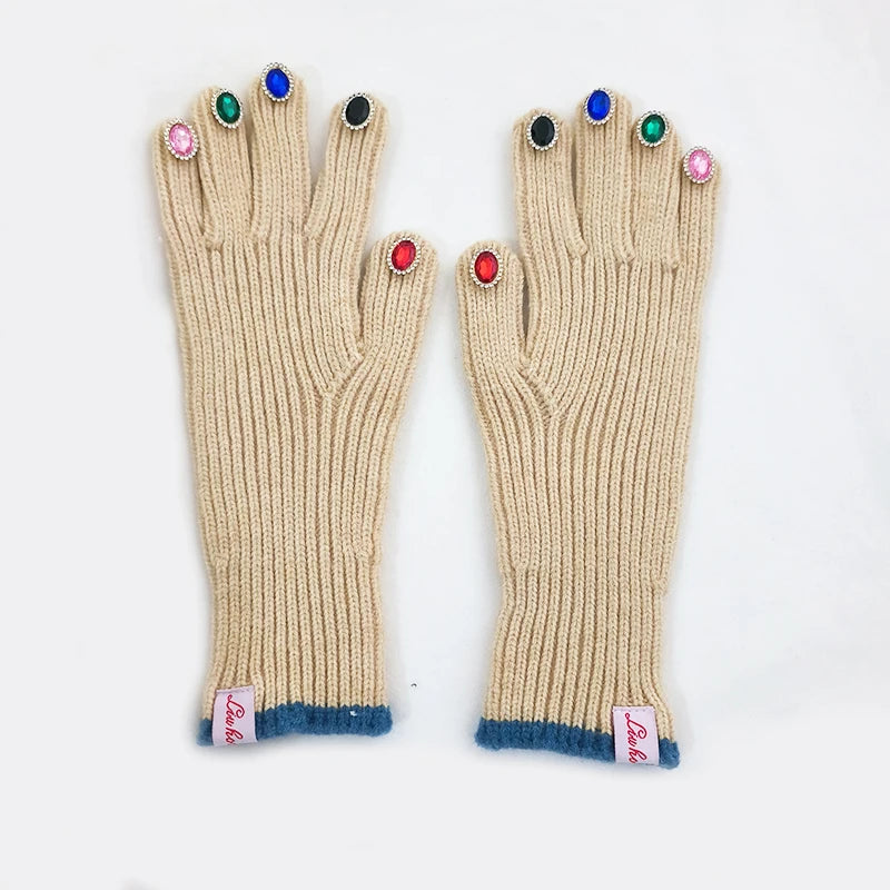 Women Winter Warm Knitted Full Finger Gloves Solid Wool Luxury Rhinestone Girl Fashion Touch Screen Mittens Female Drving