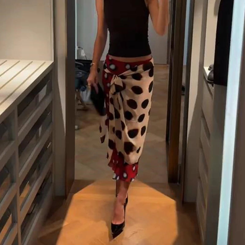 High Waist Wrap Tie Midi Skirt Color Block Abstract Floral Patchwork Print Flowy Satin Skirts 2026 Summer Holiday Boho Chic Wear