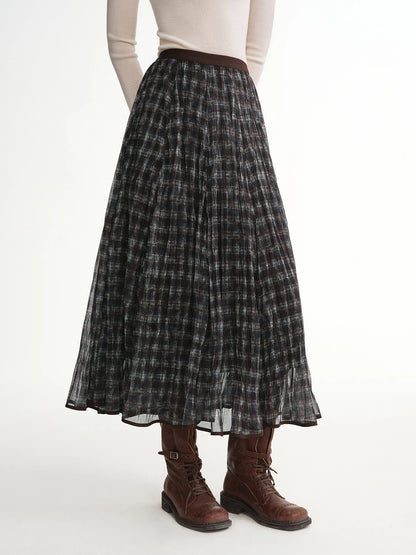 DUSHU Blue Brown Plaid Tulle Pleated Plaid Midi Skirt Women A-line Irregular Midi Skirt for Winter Vintage Fairy Personality Ins