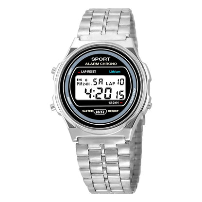 Women Casual LED Electronic Watch Retro Stainless Steel Men Women Unisex LED Digital Watch Multifunction Waterproof Wristwatch