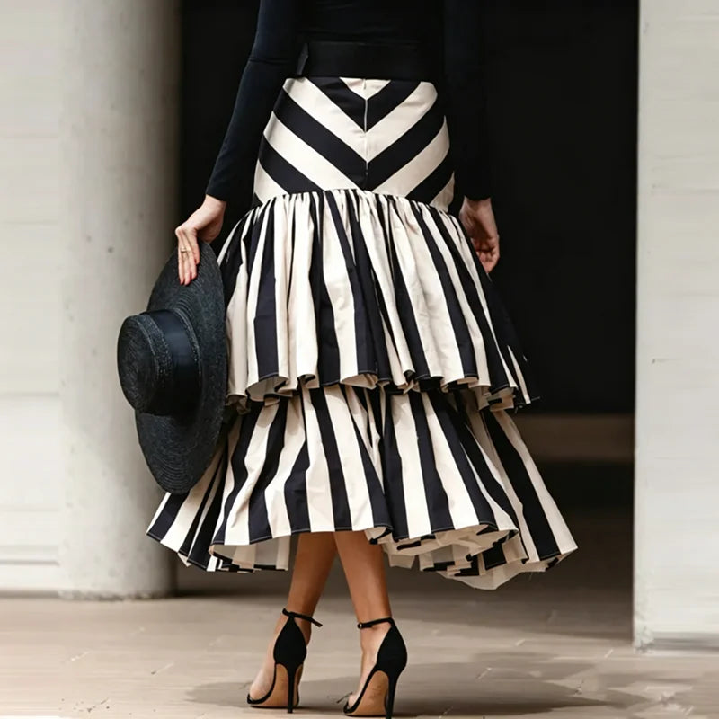 Women Black White Striped Long Skirt High Waist Asymmetric Tiered Ruffle Skirt Irregular Swing Flowy Casual Fashion A Line Skirt