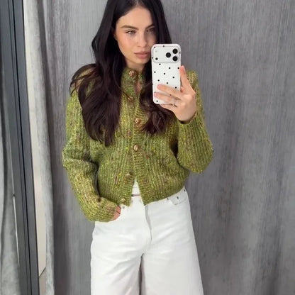 Women Cropped Knit Cardigan Speckled Round Neck Metal Button Front Long Sleeve Slim Fit Knit Jacket Casual Ladies Outerwear