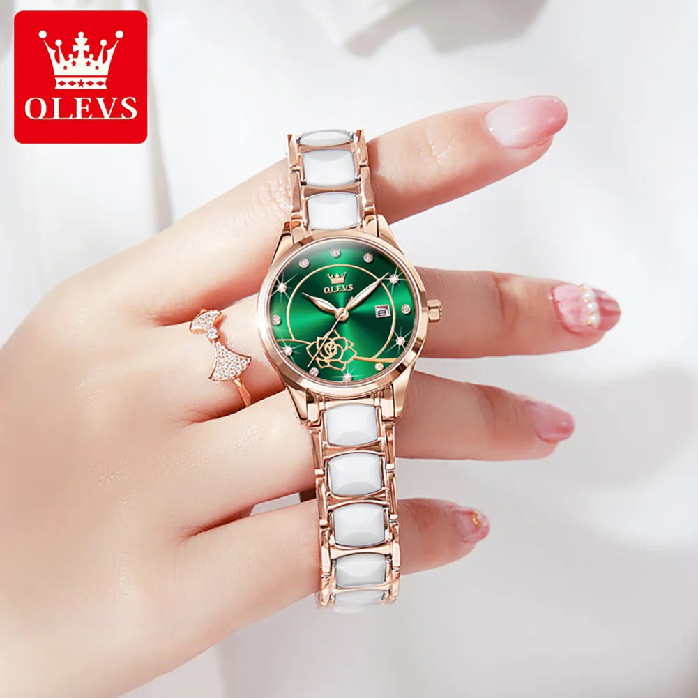 OLEVS Ladies Watch Ceramic Strap Elegant Fashion Luxury Waterproof Luminous Quartz Watch For Women Valentine's Day Present 3606