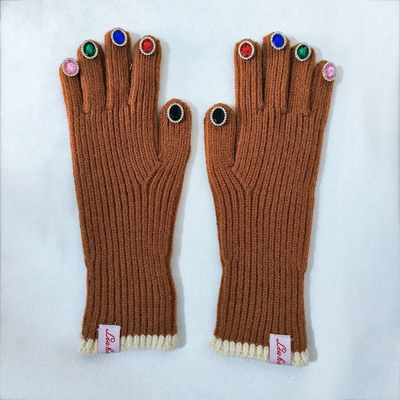 Women Winter Warm Knitted Full Finger Gloves Solid Wool Luxury Rhinestone Girl Fashion Touch Screen Mittens Female Drving