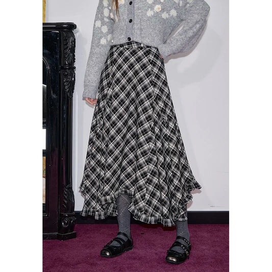 ELFSACK 2025 Autumn New Arrivals Casual Asymmetric Plaid Midi Skirt Irregular Design Long Skirt For Woman
