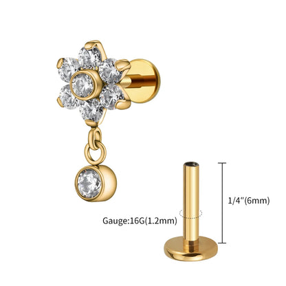 Right Grand ASTM F136 Titanium 16G Flower CZ Drop Dangle Flat Earring Tragus Helix Lobe Stud Piercing Jewelry