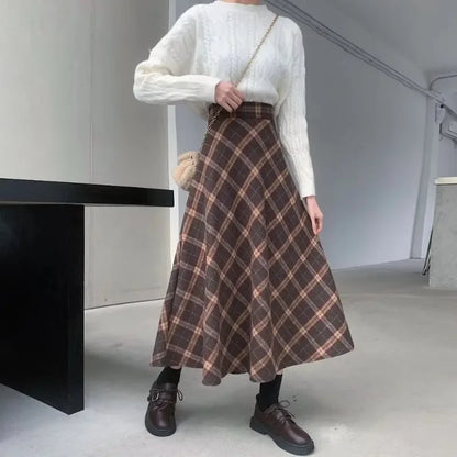 Elegant High Waist Retro Plaid Skirt Winter Autumu Classical High Waist Long Skirt Slim Fit Preppy Style A-line Half Dress Party