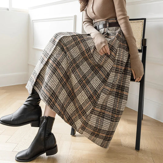 Fairyshely 2026 Autumn Winter Vintage Plaid Woolen Skirt Women Elastic High Waist Midi Skirt Ladies Elegant Pleated Long Skirt