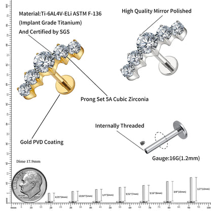 Right Grand ASTM F136 Titanium 16G CZ Cluster Flat Back Labret Stud Curved CZ Bar Climber Earring Helix Cartilage Stud Piercing