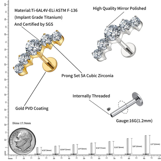 Right Grand ASTM F136 Titanium 16G CZ Cluster Flat Back Labret Stud Curved CZ Bar Climber Earring Helix Cartilage Stud Piercing
