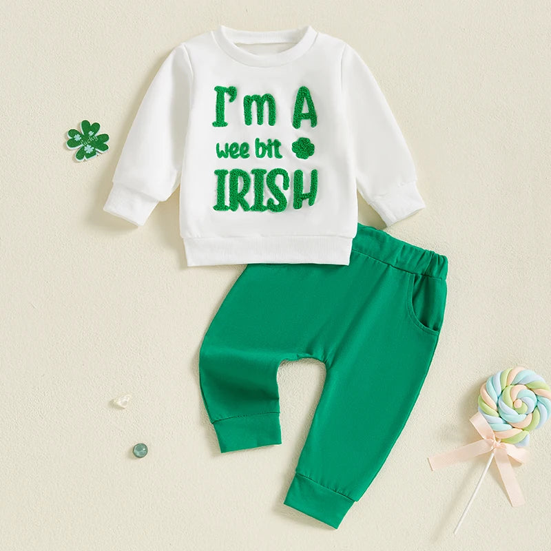 Citgeett Spring St. Patrick's Day Toddler Baby Boys Girls Outfits Long Sleeve Clover Embroidery Sweatshirt + Pants Set Clothes