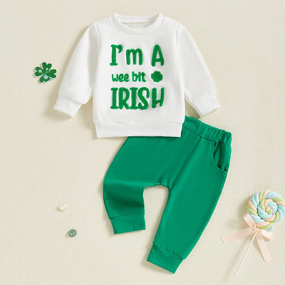 Citgeett Spring St. Patrick's Day Toddler Baby Boys Girls Outfits Long Sleeve Clover Embroidery Sweatshirt + Pants Set Clothes