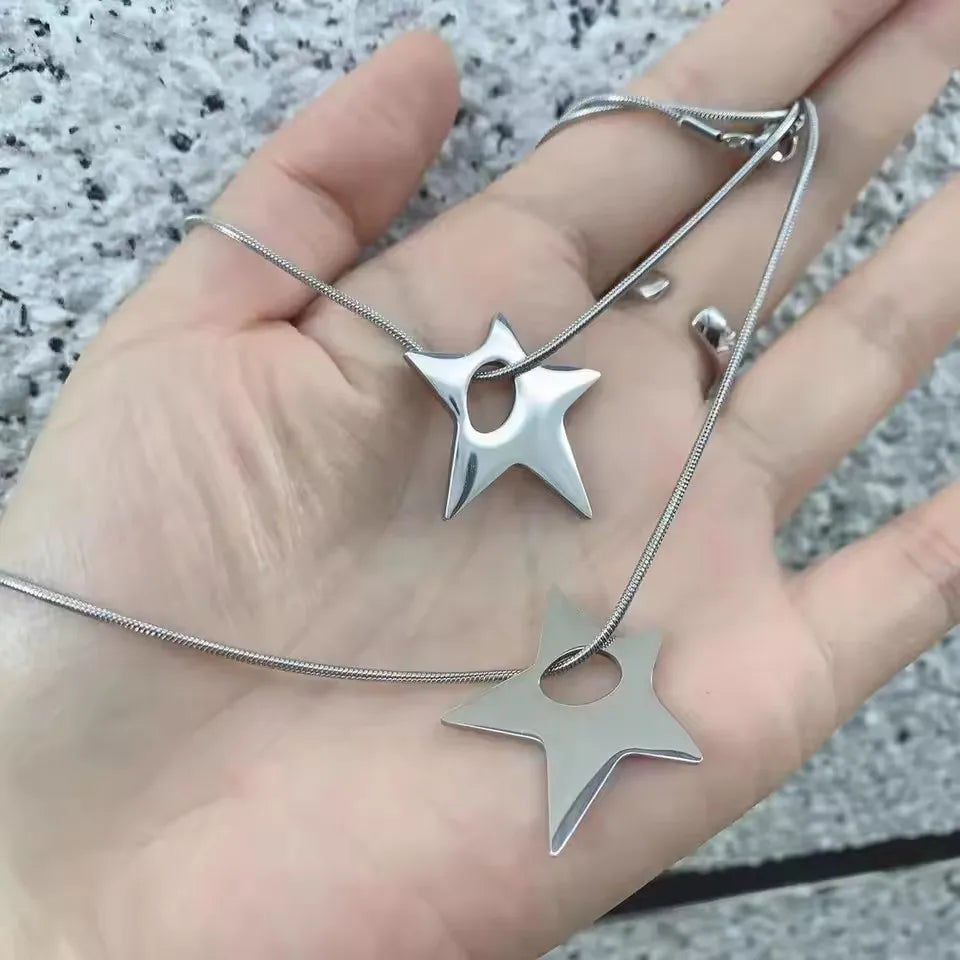 Punk Large Irregular Hollow Star Pendant Stainless Steel Necklace For Women Men Unisex Hip Hop Trending Neck Chain Y2K Jewelry