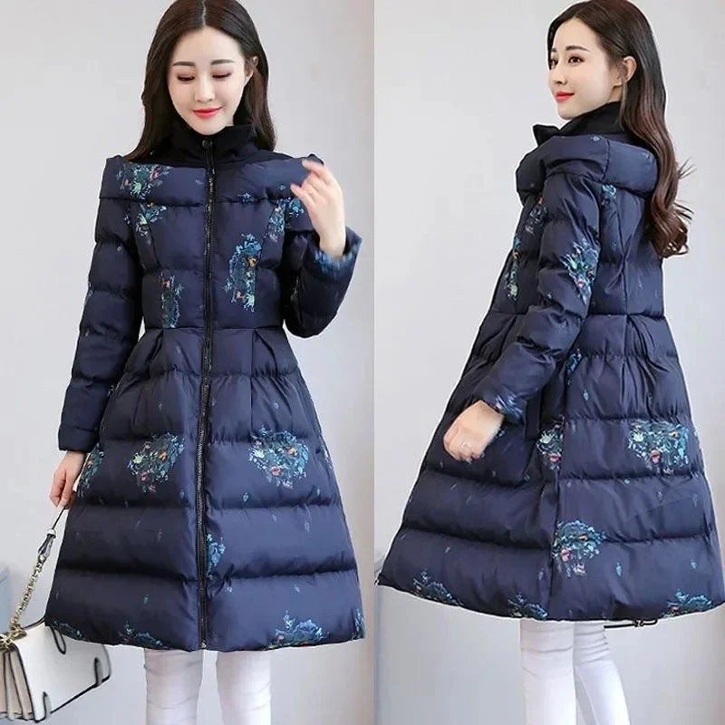 Cotton Jacket Women's Medium Long 2026 Winter New Korean Version Slim Print Thick Cotton Cloak Jacket Female Warm Parka Overcoat