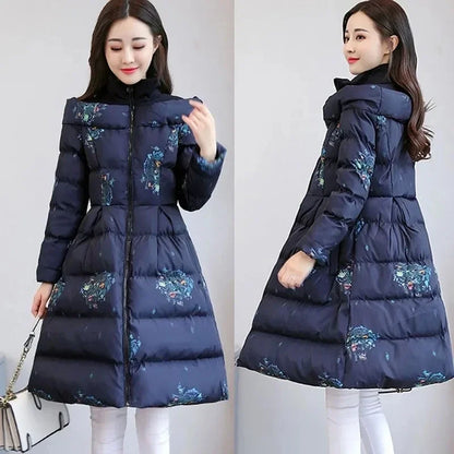 Cotton Jacket Women's Medium Long 2026 Winter New Korean Version Slim Print Thick Cotton Cloak Jacket Female Warm Parka Overcoat