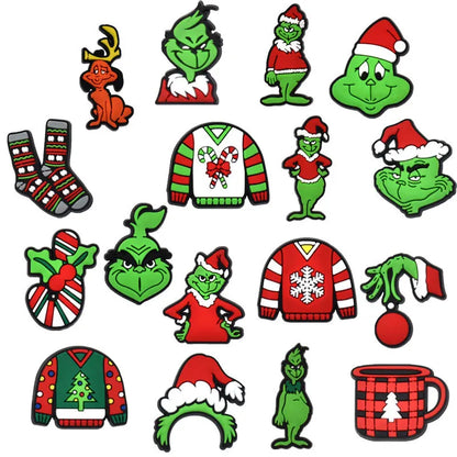 9-22Pcs Christmas Green Cartoon Shoes Charms Cartoon Clog Sandal Garden Shoe Decoration Accessorie Buckles Kids Party Gifts