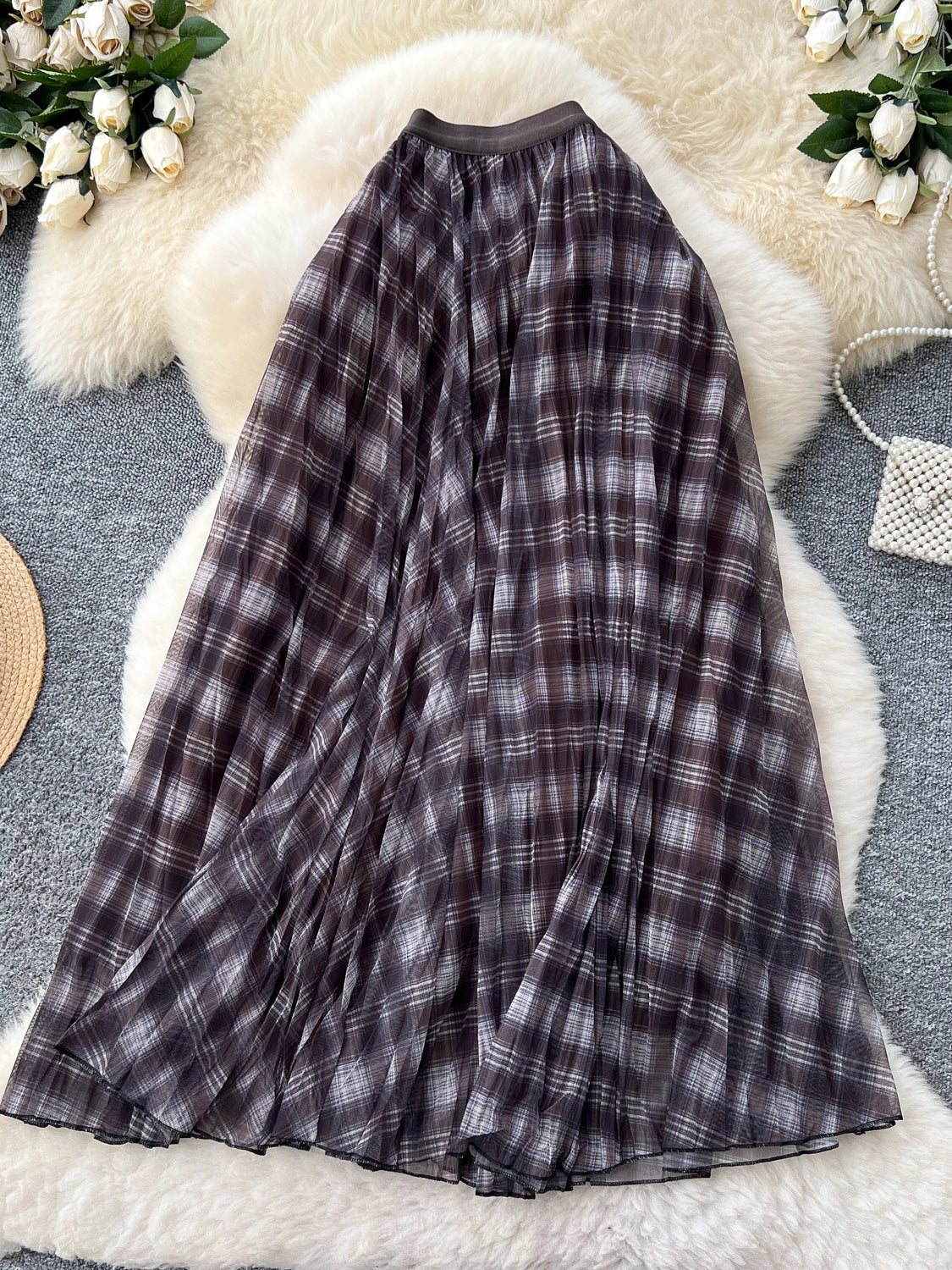 High Waist A-Line Midi Skirt Women's Plaid Elastic Waist Slimming Skirts Commute Korean Style Standard Fit Polyester Fiber