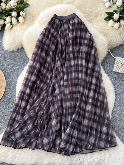 High Waist A-Line Midi Skirt Women's Plaid Elastic Waist Slimming Skirts Commute Korean Style Standard Fit Polyester Fiber