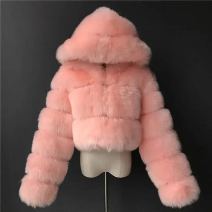 S-6XL Women Coat Autumn Winter Short Hooded Faux Fox Fur Coat Thick Warm Outerwear Fake Fur Woman Jackets Ladies Furry Coats