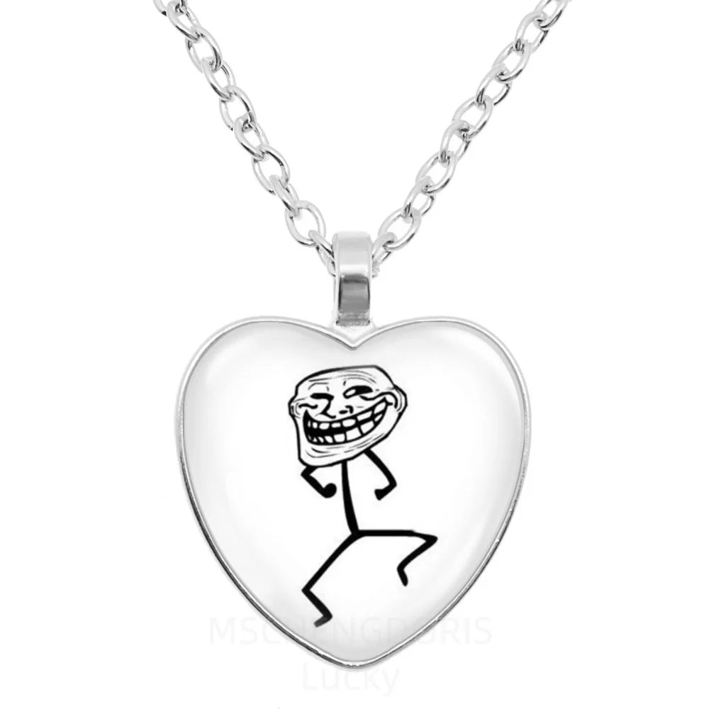 Rage Comic Necklace Derp Face Trollface Funny Meme Cartoon Glass Heart Shape Pendant Chain Necklace Charm Jewelry Collect Gift