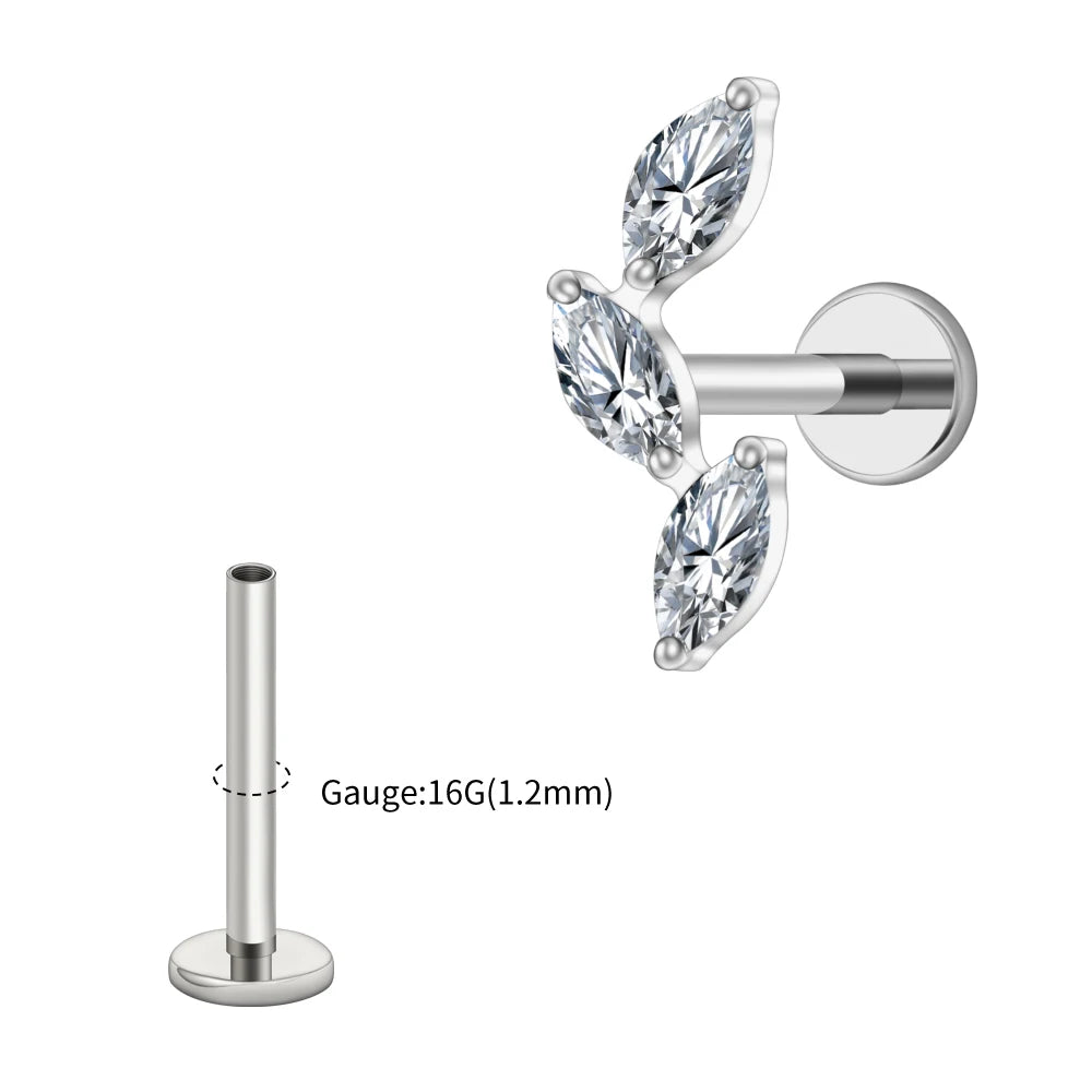Right Grand ASTM F136 Titanium Triple Marquise Labret Stud 16G CZ Cluster Climber Cartilage Earring Tragus Helix Ear Piercing