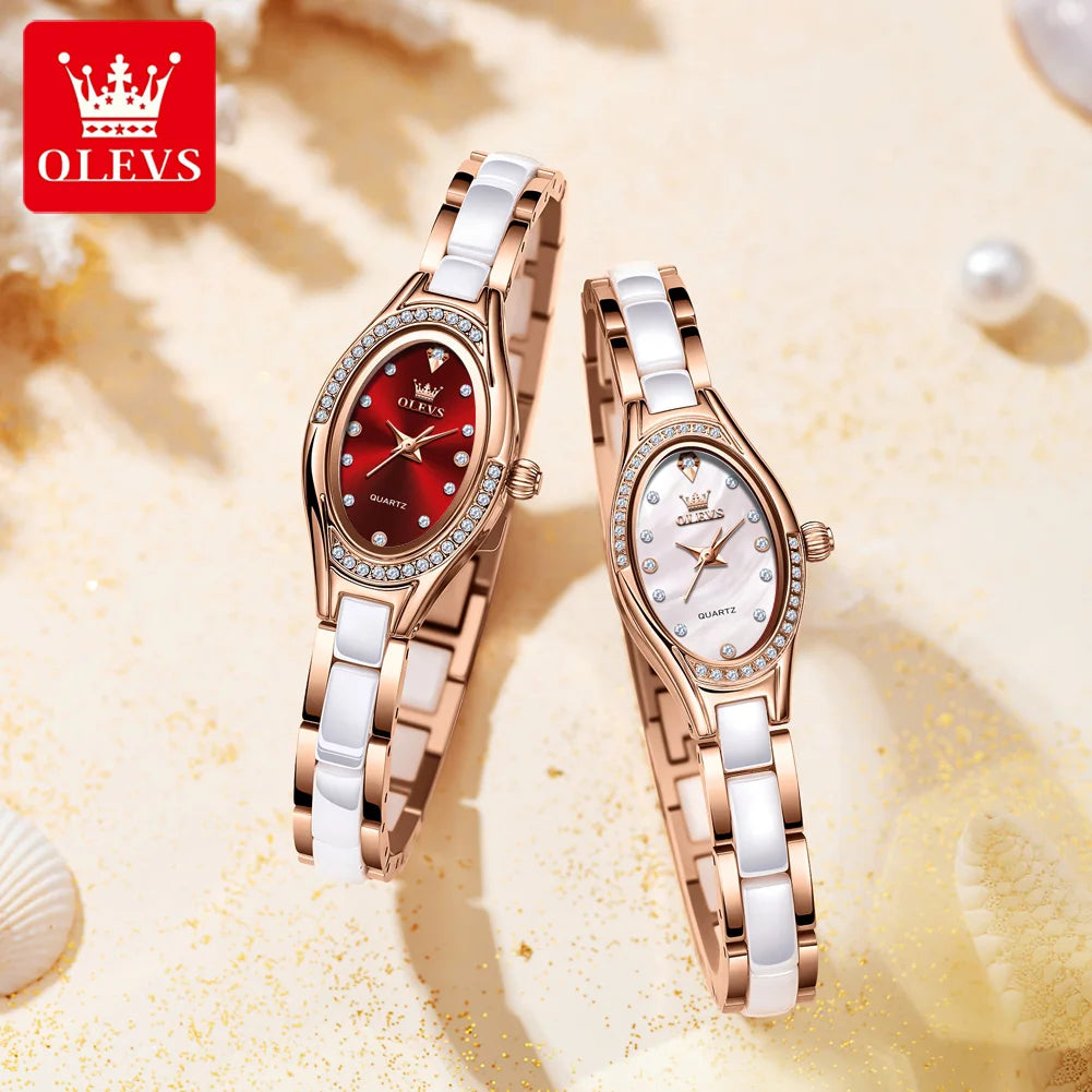 OLEVS Brand New Quartz Watch for Woman Elegant Luxury Ceramics Steel Strap Fashion Oval Diamond Dial Women's Waterproof Watches