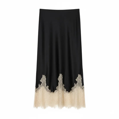 HH Women Elegant Fashion Patchwork Lace Hem Skirt Side Zipper High Waist Slim Midi Skirts 2026 Spring Summer Trend Lady Skirt