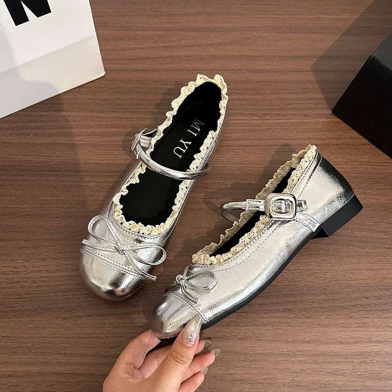 Spring Lace Women Flats Mary Jane Shoes Round Toe Shallow Ladies Casual Ballet Style Shoes Soft Leather Eelgant Dress Shoes