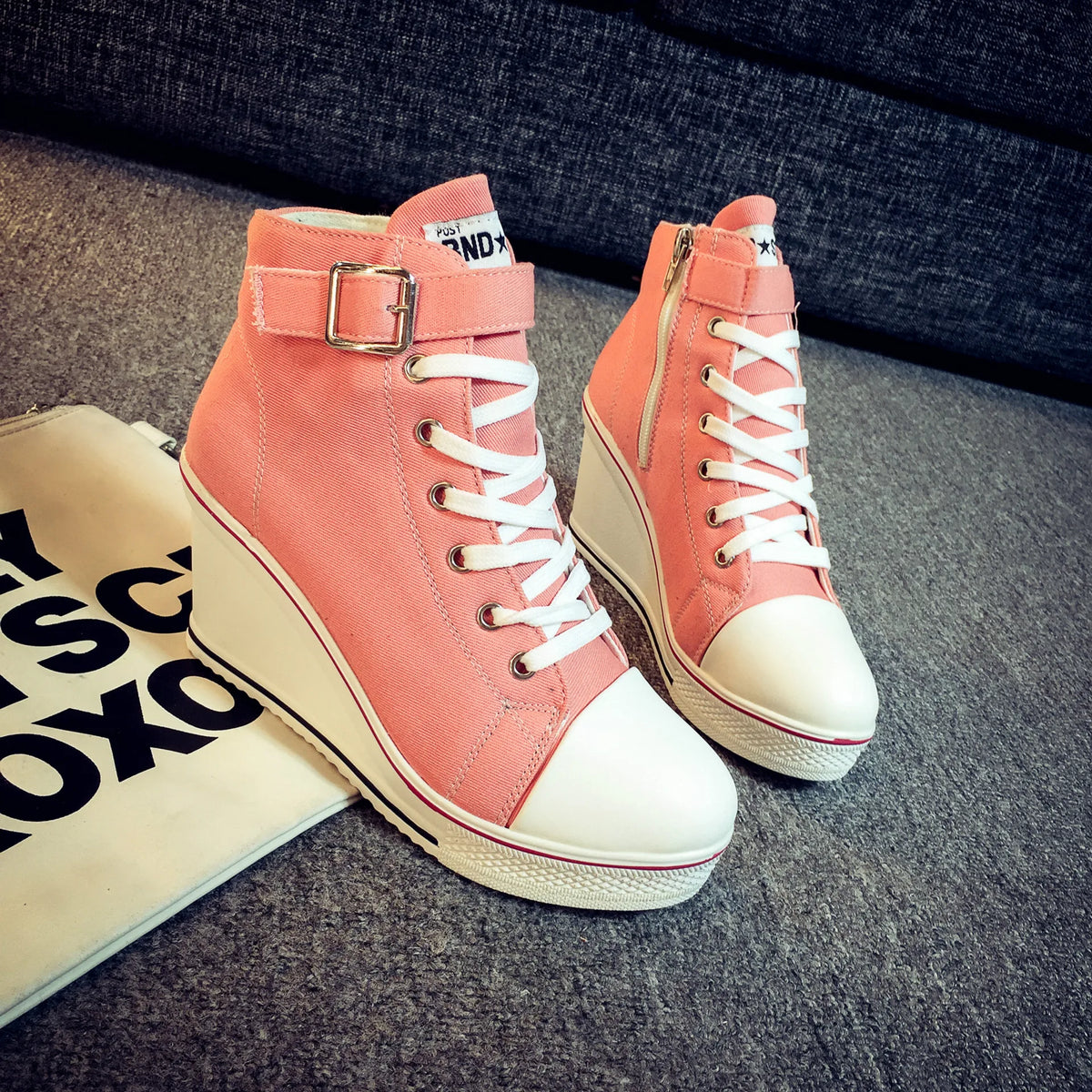 High Top Canvas Women Wedge Shoes Women's Denim Ankle Lace Up Ladies Ankle Canvas Shoes Woman 8cm Heels Sneakers