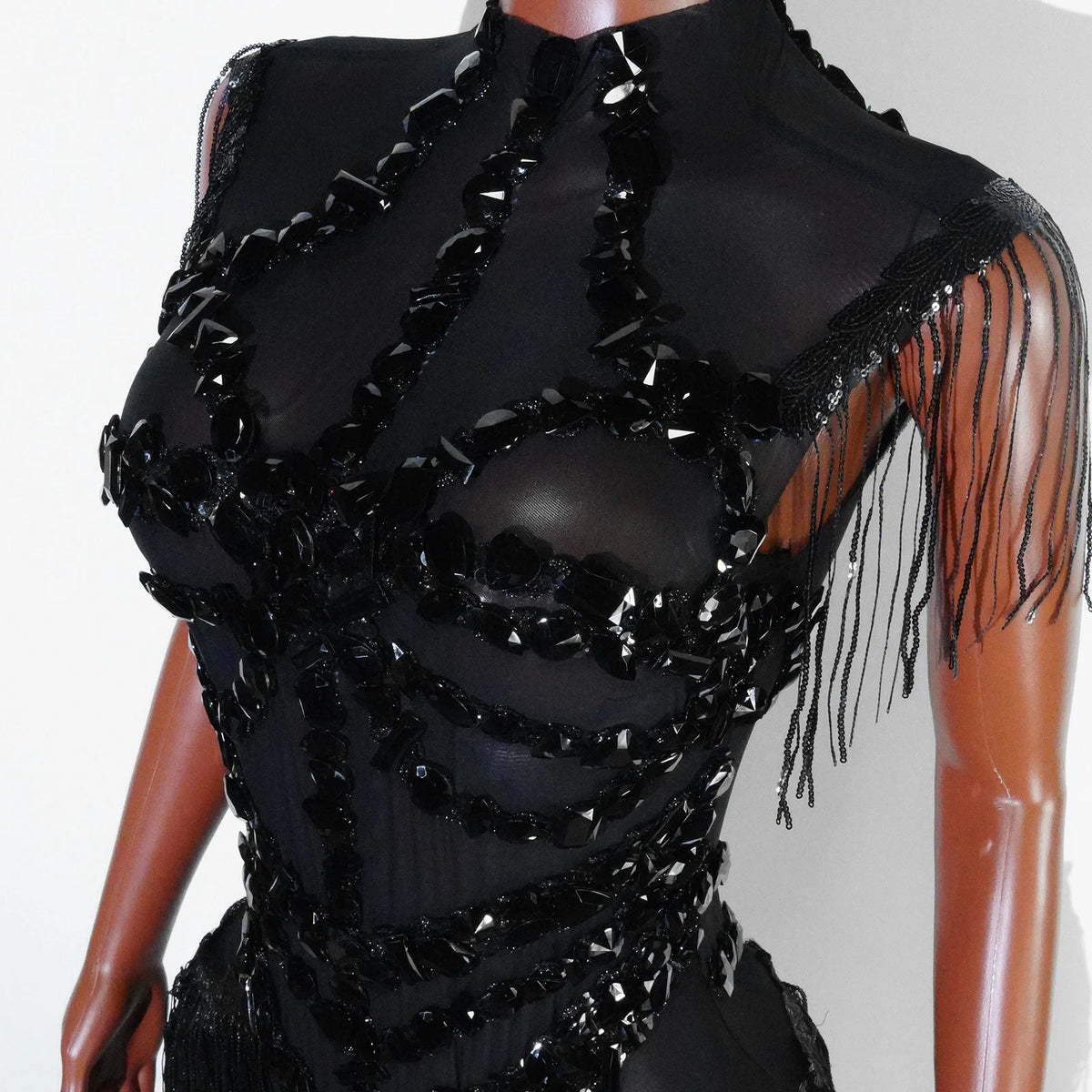 Black Sequins Fringes Leotard Mesh See through Party Bodysuit Women Sparkle Rhinestones Nightclub Prom Gogo Dance Stage Outfits