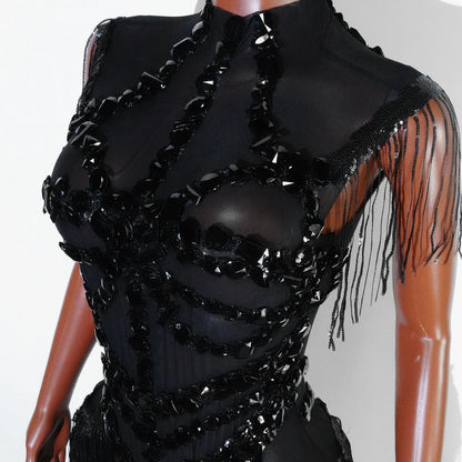 Black Sequins Fringes Leotard Mesh See through Party Bodysuit Women Sparkle Rhinestones Nightclub Prom Gogo Dance Stage Outfits