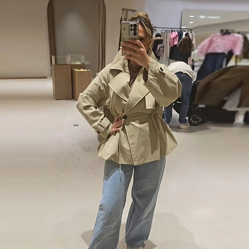 Women's Khaki Short Trench Coat Chic Lapel Collar Single Button Drawstring Waist Adjustable Oversized Jacket Commuting Outerwear
