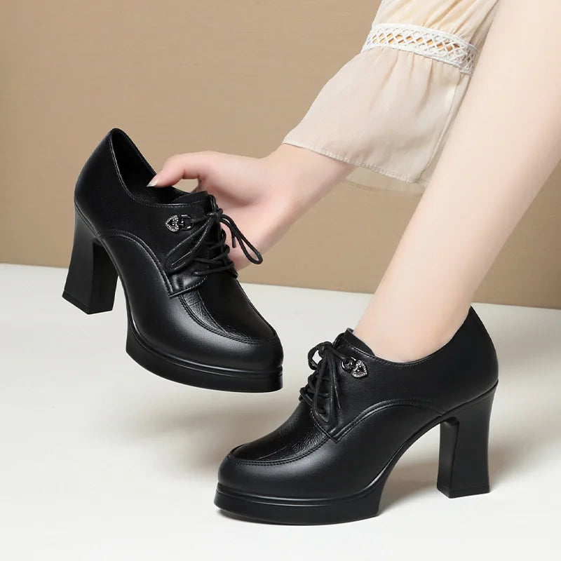 British Style Deep Mouth Soft Leather Oxford Shoes Women's Platform Pumps 2024 Spring Block High Heels Shoes for Office Mom