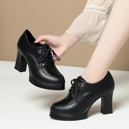 British Style Deep Mouth Soft Leather Oxford Shoes Women's Platform Pumps 2024 Spring Block High Heels Shoes for Office Mom