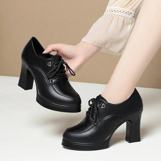 British Style Deep Mouth Soft Leather Oxford Shoes Women's Platform Pumps 2024 Spring Block High Heels Shoes for Office Mom