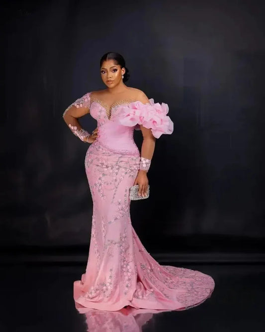 Pink Mermaid Evening Dress Flower Embroidery Long Sleeve Ball Party Dress Luxury Women's Birthday Dress Customization