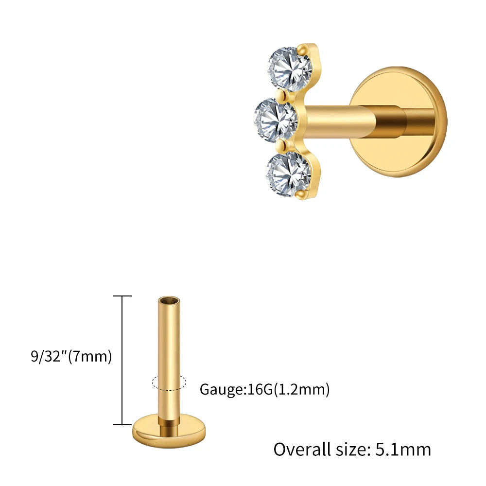 Right Grand ASTM F136 Titanium Triple CZ Helix Tragus Flat Back Earring 16G Dainty Ear Climber Cartilage Stud Piercing Jewelry