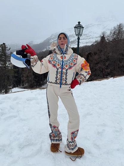 Women Floral Print Hooded Ski Set Stand Belt Waist Zipper Straight Jumpsuit Retro Fashion Sheath Warm Sport Winter 2026 Skiwear
