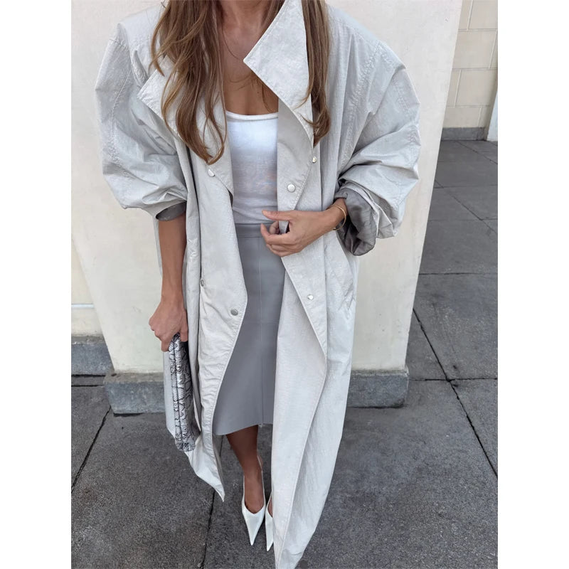 Women Casual Long Trench Coat with Lapel Collar Single-Breasted Batwing Sleeves Windbreaker New Streetwear Oversized Outerwear