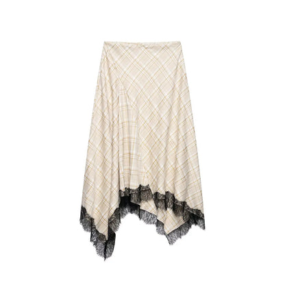 Spring Summer Women's Plaid Asymmetry Skirts Female Vintage  Skirts Chic Lace Splice Midi Skirts Lady Casual Ruched Skirt