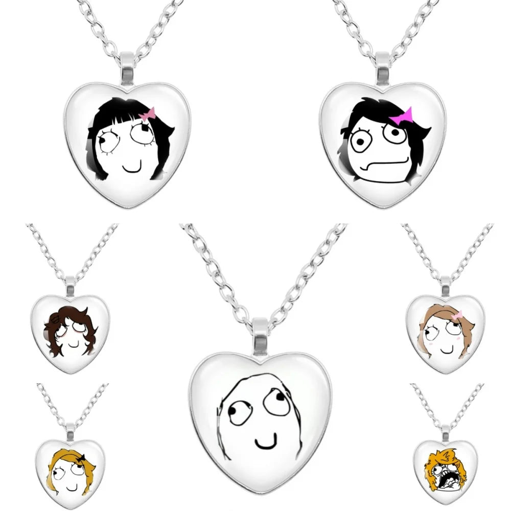 Rage Comic Necklace Derp Face Trollface Funny Meme Cartoon Glass Heart Shape Pendant Chain Necklace Charm Jewelry Collect Gift